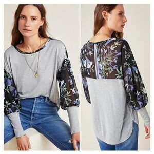 Anthropologie Top L TINY Floral RAYE PRINTED Heathered T-Shirt Juliet Sleeve NWT
